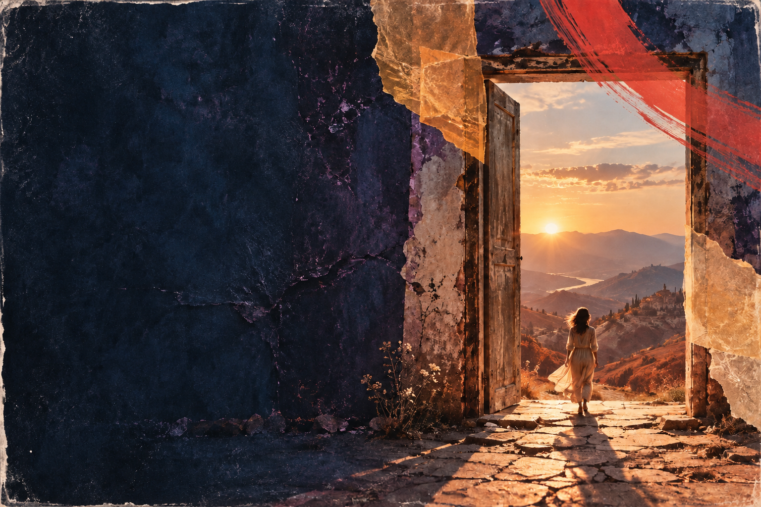 A woman at a sunlit doorway, surrounded by deep blue painted texture and torn-paper collage