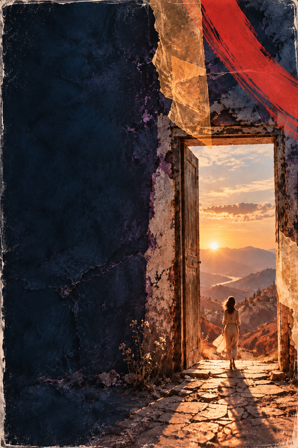 A woman looking out through an open doorway into a sunlit landscape